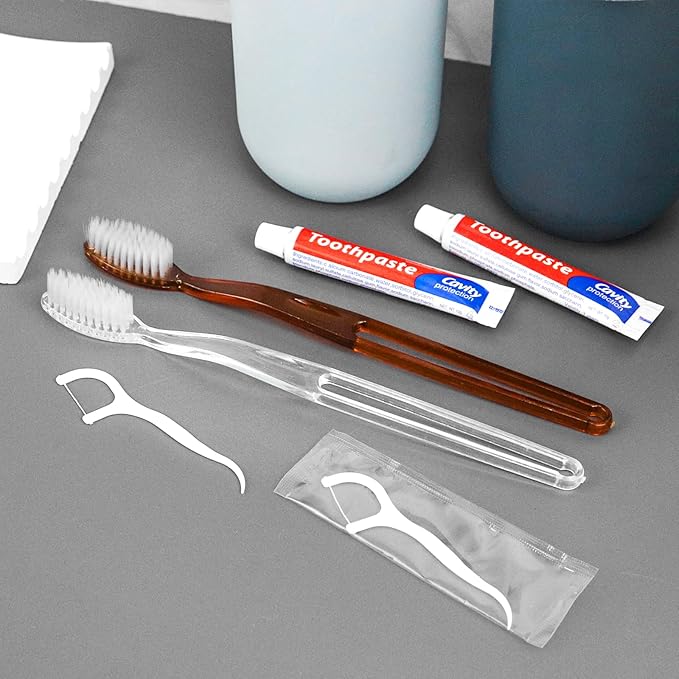 50 pcs Disposable Toothbrushes with Toothpaste Floss Individually Wrapped, 2 Color Disposable Toothbrush Bulk, 10g Toothpaste, Dental Floss Pick for Homeless,Airbnb,Hotel,Guest