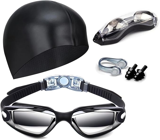 Swim Goggles Swimming Goggles No Leaking with Nose Clip, Earplugs, Swim Cap and Case for Men Women-StrideForce Fitness