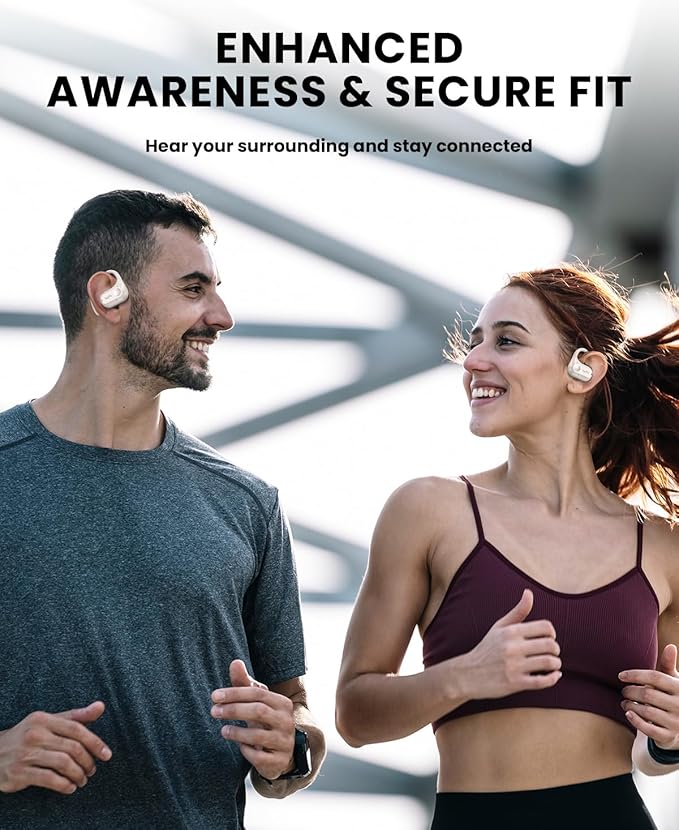 Open Ear Headphones,Wireless Bluetooth 5.3 Air Conduction Open Earbuds,Comfort & Secure Fit ,Powerful Bass,Clear Calls,30H Playback,Light Weight Sports Headsets with Ear-Hook for Workout,Running,Beige-StrideForce Fitness