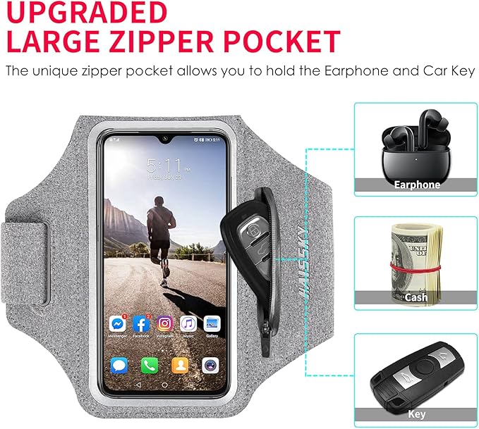 Running Armband with Earphone Bag Cell Phone Armband for iPhone 16 15 Pro 14 Plus 13 11 XR XS, Galaxy S24/S10 Water Resistant Sports Phone Holder Case & Zipper Slot Car Key Holder for 6.7 inch Phone-StrideForce Fitness