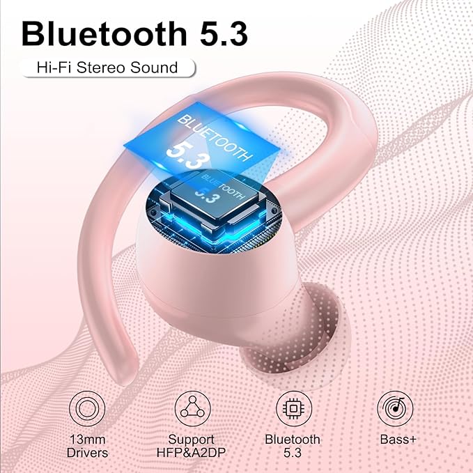 Wireless Earbuds Bluetooth 5.3 Headphones Sports, 48Hrs Playtime Bluetooth Earbuds with CVC 8.0 Mic, 2025 Stereo Bass Over Ear Bud with Earhooks, LED Display, IP7 Waterproof Earphon for Running Rose-StrideForce Fitness