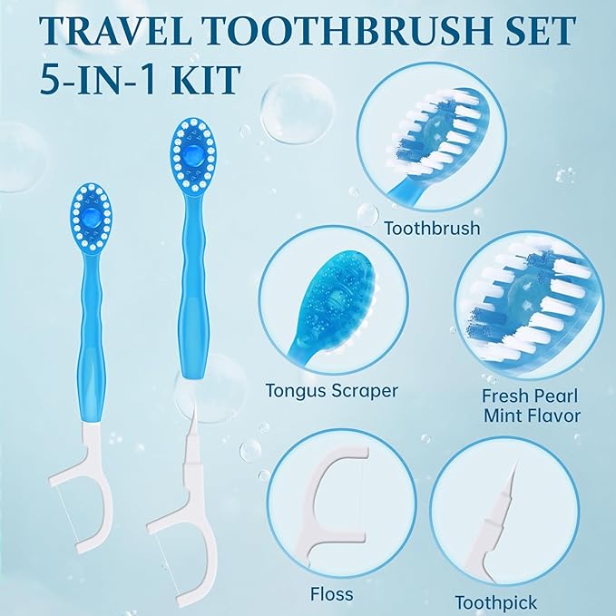 40pcs 5 in 1 Disposable Mini Toothbrush with Toothpaste + Floss + Pick + Tongue Scraper | Travel Size | Individually Wrapped | Soft | Mint | Travel Set | Oral Care (4)