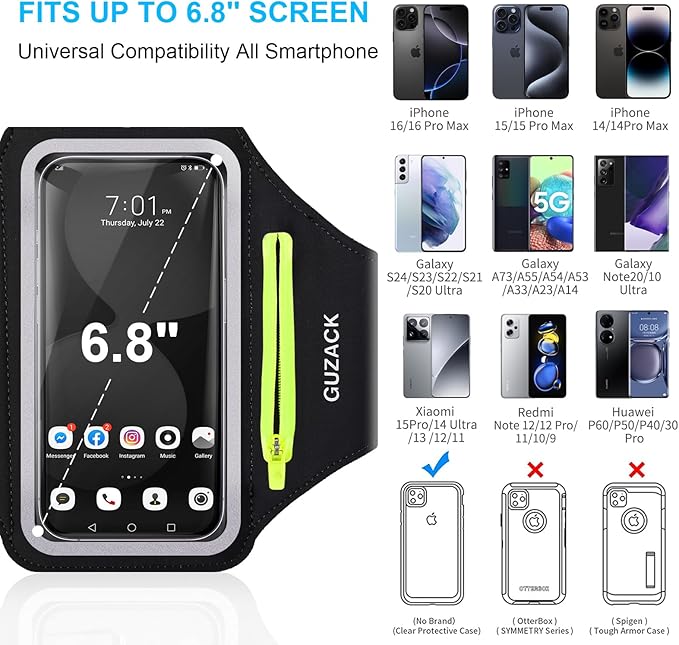 GUZACK Running Armband for iPhone 16 15 14 13 Pro Max, Galaxy S25 S24 S23 S22, with Card Slot & Key Pockets, Sports Arm Bands Phone Holder, Fit Up to 6.9 Inches Phone - Size L (Bigger Arm 14-17 in)-StrideForce Fitness