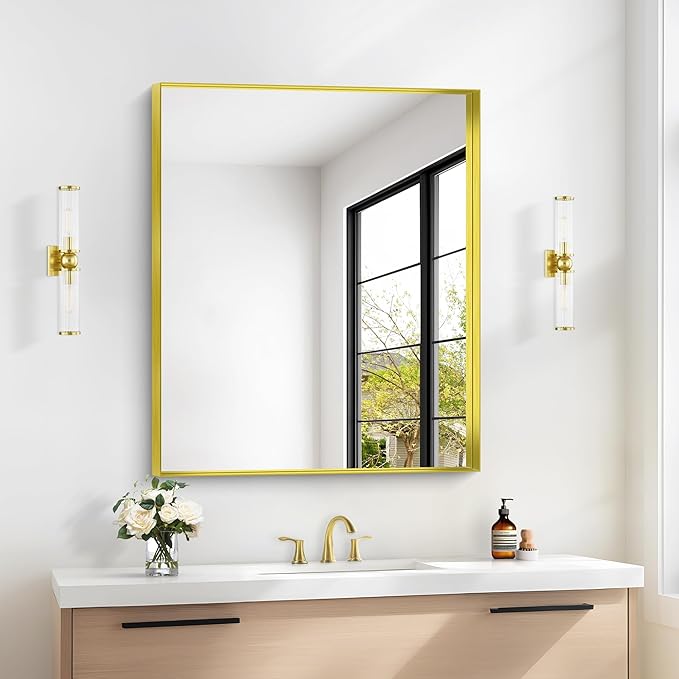 Gold Bathroom Mirror, 30x36 Inch Rectangular Framed Mirror, Large Wall Mounted Bathroom Vanity Mirror Over Sink for Bedroom,Restroom, Living Room, Hangs Vertically or Horizontally-StrideForce Fitness