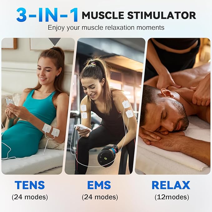 TENS Unit Muscle Stimulator, 3-in-1 EMS Massager Machine, Masajeador Muscular Electrico with 60 Modes, for Gradual Shoulder, Sciatica, Muscle Relaxation,Relieve Back Pain, with 12 TENS Pads
