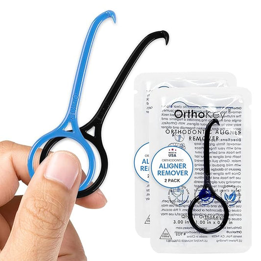 OrthoKey Retainer & Aligner Removal Tool - Dental-Grade Orthodontic Supplies for Invisible Braces, Cleaning & Travel - Bracket & Denture Remover (2-Pack) Blue & Black