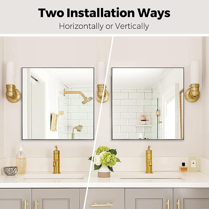 24x24 Inch Black Bathroom Mirror for Wall, Aluminum Frame Rectangle Rectangular Vanity Mirror, Modern Large for Bedroom, Living Room, Horizontal or Vertical-StrideForce Fitness