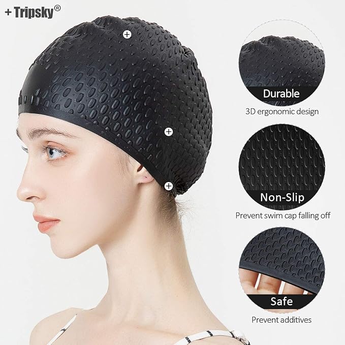 Tripsky Silicone Swim Cap,Comfortable Bathing Cap Ideal for Curly Short Medium Long Hair, Swimming Cap for Women and Men, Shower Caps Keep Hairstyle Unchanged…-StrideForce Fitness