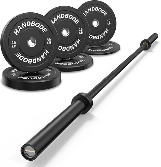 Olympic Bumper Plates Set 2 Inch, 10-55 lbs Rubber Weight Plates with 45 lb (20kg) Black/Silver Barbell, Strength Training & Weight Lifting for Home Gym-StrideForce Fitness
