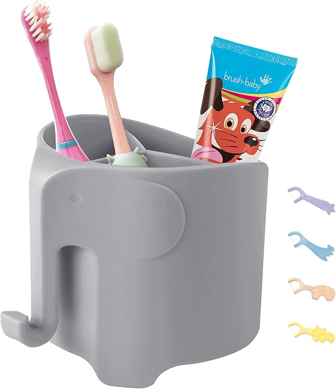 Kids Toothbrush Holder, Cute Elephant Toothbrush Holders for Toddler, Toothbrush Toothpaste Holder for Bathroom, Toothbrush Organizer with 3 Slots and a Hook, Grey