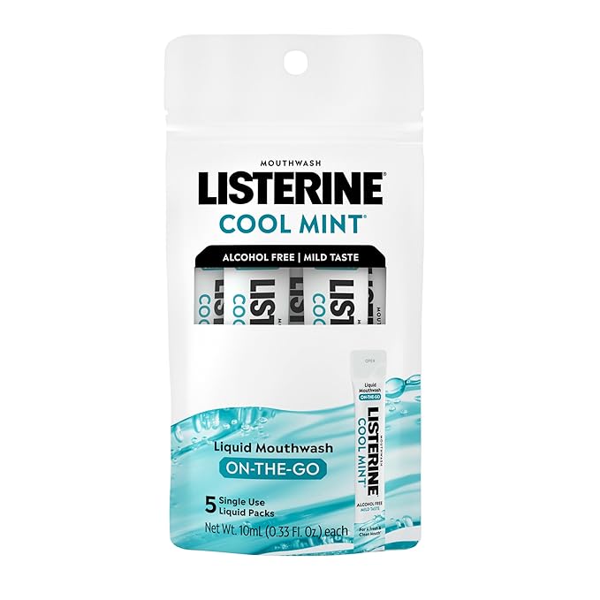 Listerine On-The-Go Cool Mint Alcohol Free Mouthwash Packets, Oral Rinse in Individual Packets Kills Bad Breath Germs, Less Intense Taste, Cool Mint Flavor, Mini Travel Size, 0.33 fl oz. Pack of 5