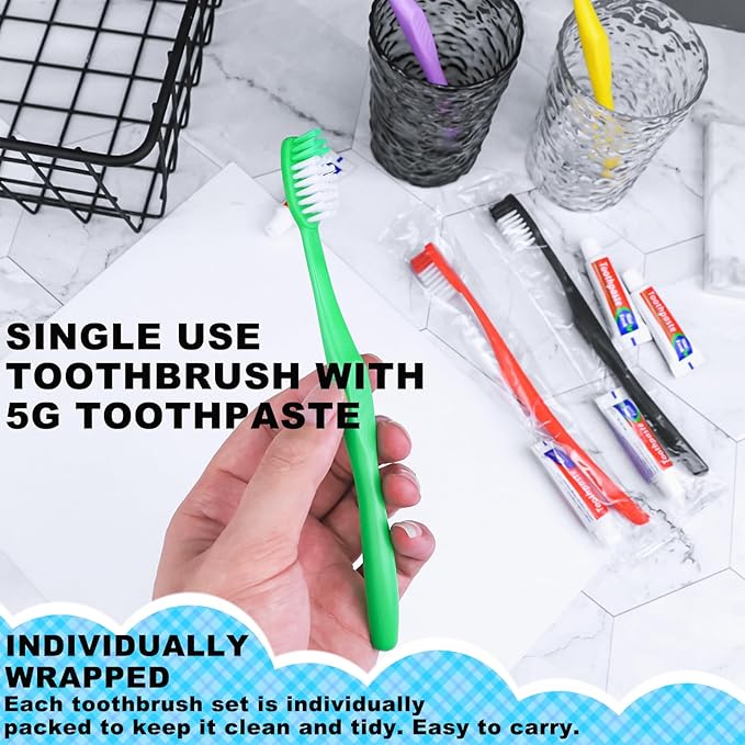 HAIFOTRVA 200pcs Disposable Toothbrushes with Toothpaste,Single Use Toothbrush with Toothpaste Individually Wrapped Disposable Travel Toothbrushes Kit Bulk for Homeless,Hotel,Guests(5 Colors)