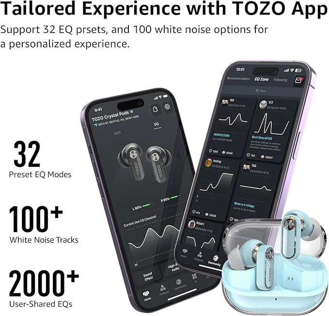TOZO Crystal Pods Hybrid Active Noise Cancelling Wireless Earbuds, 10mm Drivers Deep Bass Stereo Sound, 4 Mics Smart ENC AI Calls, 32 EQ via App, Bluetooth 5.4 Headphones, Crystal Case Design-StrideForce Fitness