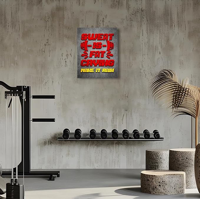 Gym Quotes Wall Art,Inspirational Workout Wall Decor,Sweat is Fat Crying Canvas Wall Art for Home Gym Exercise Fitness Room-StrideForce Fitness