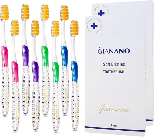 Soft Slim Gold Bristles Toothbrush for Sensitive Gums - Soft Slim Bristles, Compact Head, Toothbrushes for Adults / 8-Piece Set (Blue, Green, Pink, Violet x 2 Each)