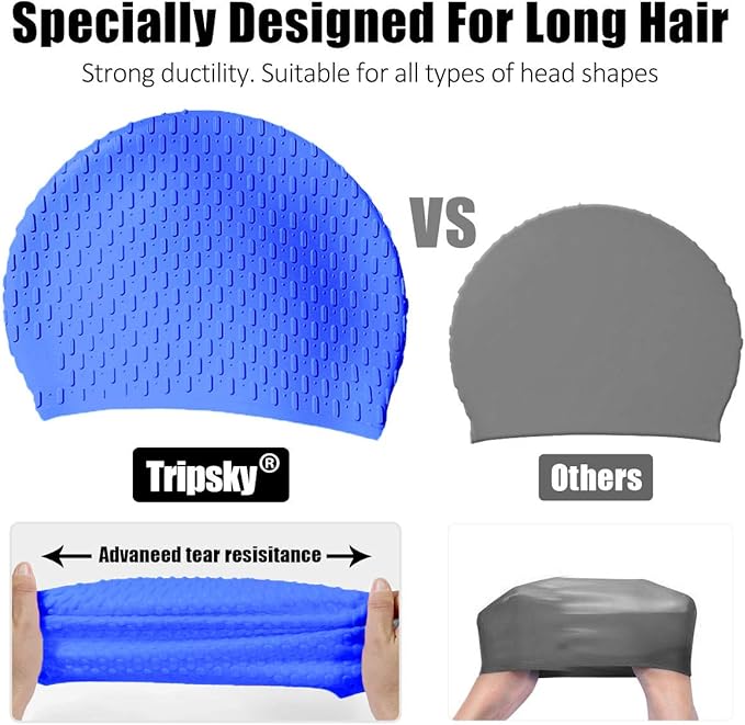 Tripsky Silicone Swim Cap,Comfortable Bathing Cap Ideal for Curly Short Medium Long Hair, Swimming Cap for Women and Men, Shower Caps Keep Hairstyle Unchanged…-StrideForce Fitness