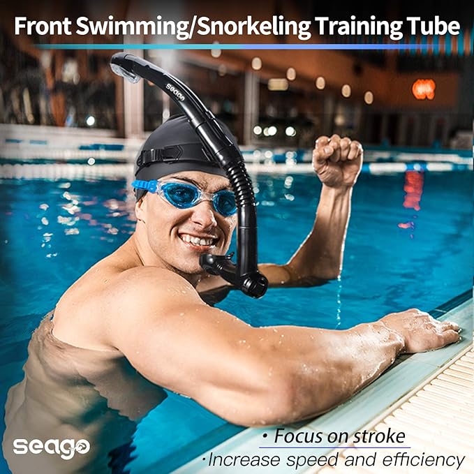 Seago Swim Snorkel for Lap Swimming, Dry Top Front Swimmer Snorkel for Adult Youth, Snorkel Gear Swimming Training Equipment in Pool and Open Water with Comfy Head Pads Food-Grade Silicone Mouthpiece-StrideForce Fitness