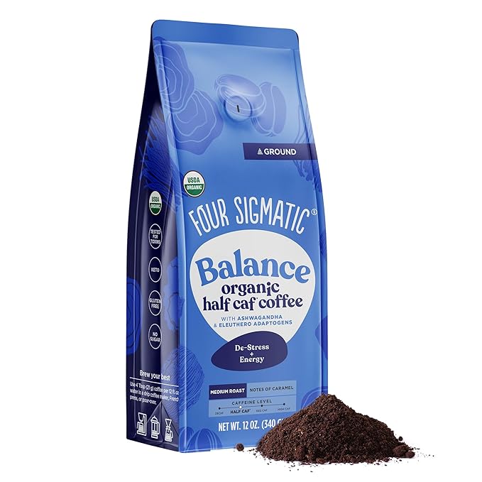 Four Sigmatic Organic Balance Adaptogen Ground Coffee | Medium Roast USDA Organic Coffee with Ashwagandha, Chaga Mushroom, Eleuthero and Tulsi for Focus and Energy Boosting | 12oz Bag-StrideForce Fitness