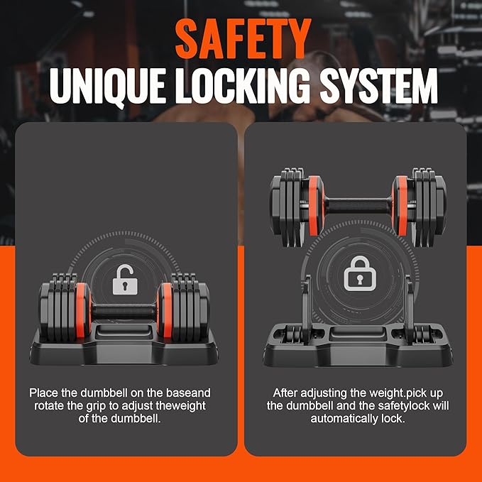 VEICK 25/55 lbs Adjustable Dumbbell with Anti-Slip Turning Handle, Fast Adjust Weight for Men Women, Exercise Equipment with Tray for Home Gym Full Body Workout Fitness-StrideForce Fitness