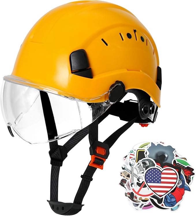 AOLAMEGS Construction Yellow Hard Hats - ANSI Z89.1 Class C Approved Adjustable Vented Hard Hat with Clear Visor for Men Women 6-Point Suspension ABS Safety Helmet for Outdoor Height Work-StrideForce Fitness