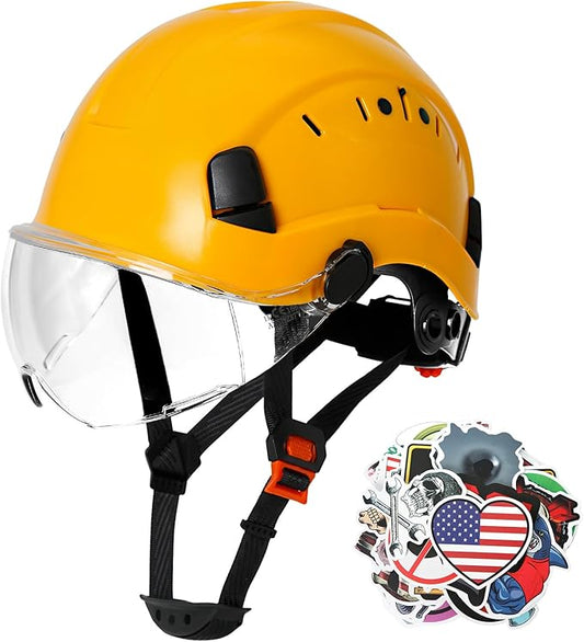 AOLAMEGS Construction Yellow Hard Hats - ANSI Z89.1 Class C Approved Adjustable Vented Hard Hat with Clear Visor for Men Women 6-Point Suspension ABS Safety Helmet for Outdoor Height Work-StrideForce Fitness
