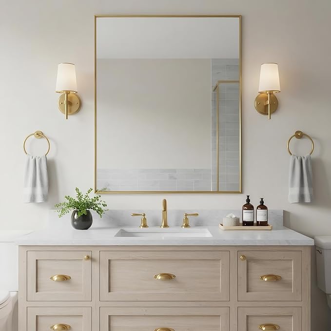 24x30 Inch Brass Bathroom Mirror for Wall, Aluminum Frame Rectangle Rectangular Vanity Mirror, Modern Large for Bedroom, Living Room, Horizontal or Vertical-StrideForce Fitness