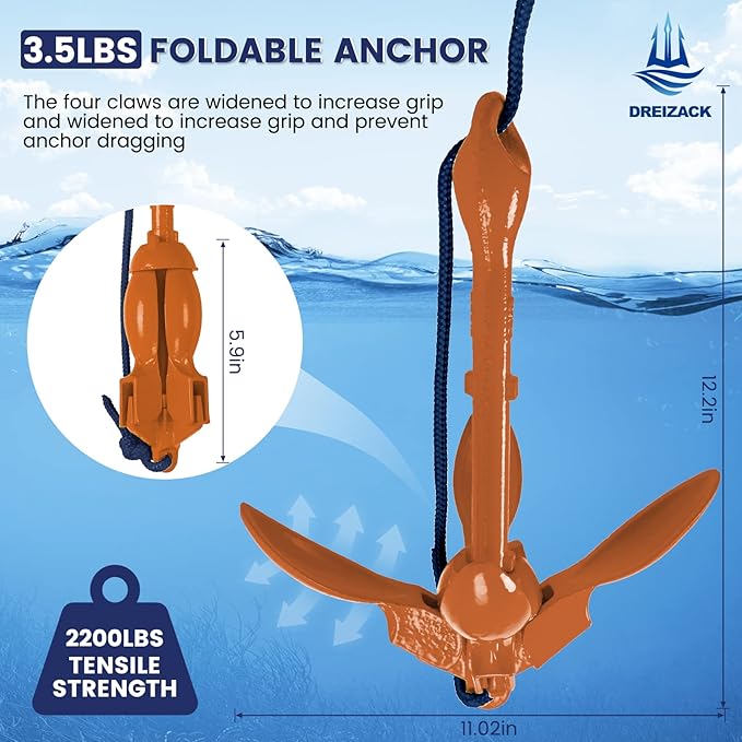 Dreizack Kayak Anchor Kit, 3.5 lb Folding Grapnel Boat Anchor Trolley Accessories with 40ft Rope and PVC Buoy for Fishing Kayaks SUP Paddle Boards Canoes Jet Ski PWC Inflatable Small Boats-StrideForce Fitness