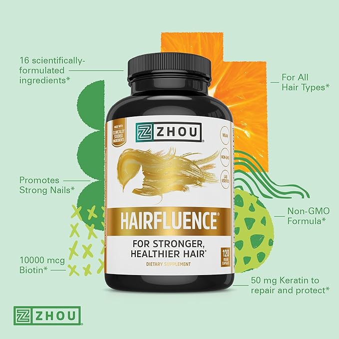 Zhou Hairfluence - Vegan Biotin Supplement for Hair Growth for Men & Women, Lustriva Hair Growth Supplement for Nails & Glowing Skin with B Vitamin Complex & Keranat - 120 Capsules (Pack of 1)-StrideForce Fitness