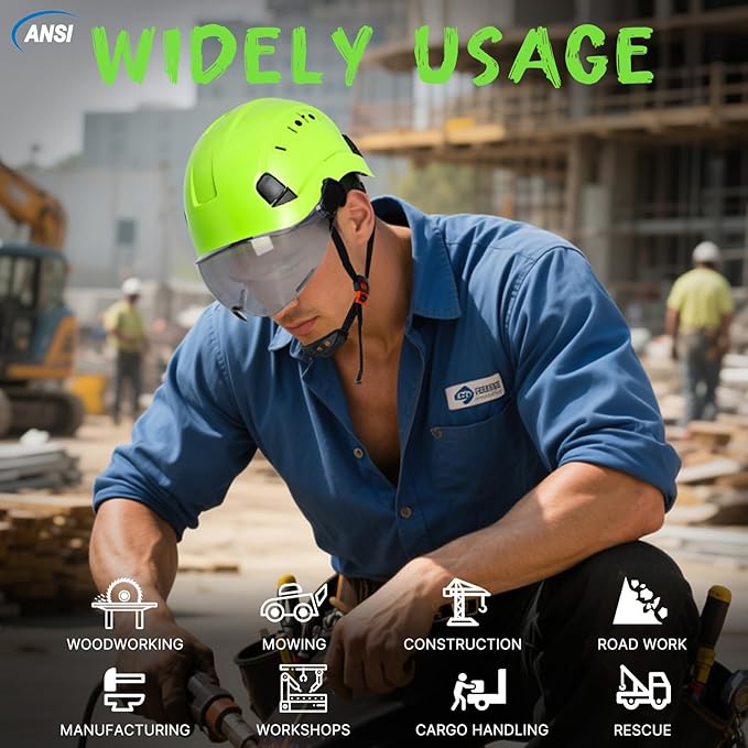 Aolamegs Construction Hard Hats for Adults - Hard Hats Construction OSHA Approved with Smoke Visor for Men Women ANSI Z89.1 Vented Safety Helmet, Hard Hat with Chin Strap,6 Point Suspension （Green-StrideForce Fitness