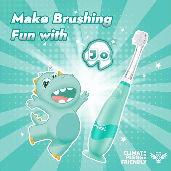 Papablic Toddler Sonic Electric Toothbrush Kids for Ages 1-3 Years, Baby Electric Toothbrush with Cute Dino Cover and Smart LED Timer, 2 Brush Heads (Jo)