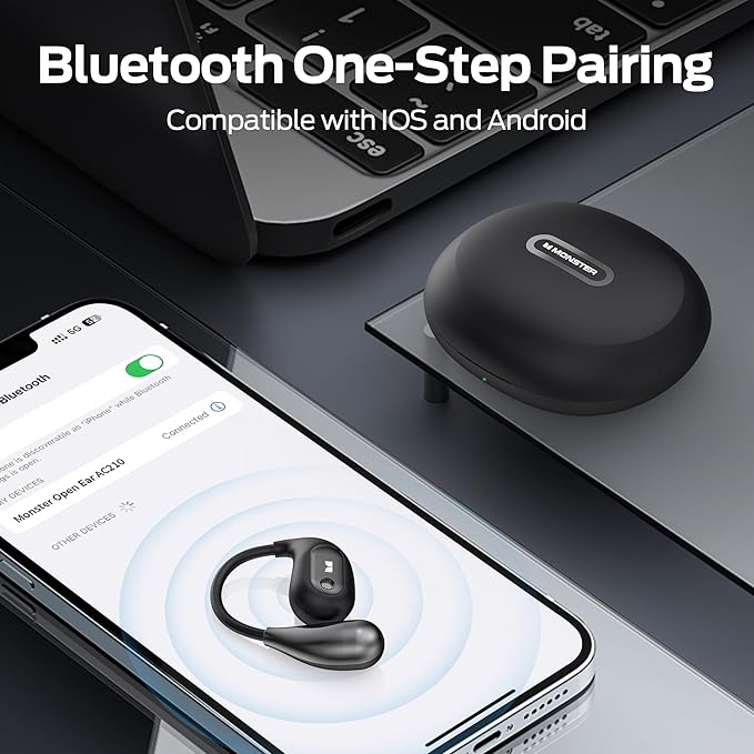 Monster Open Ear AC210 Headphones, Wireless Headphones Bluetooth 5.4 Earphones Stereo Sound,32H Playtime, HD Clear Calls,Fast Charging Touch Control, IPX5 Waterproof Open Ear Earbuds-StrideForce Fitness