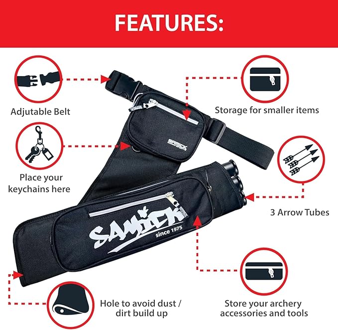 Archery Arrow Quiver - Adjustable Waist Hanged Quiver with 3 Removable Tubes & Pockets for Archery Arrows Case & Equipment - Ideal for Hunting & Target Practice - Right Handed Only-StrideForce Fitness