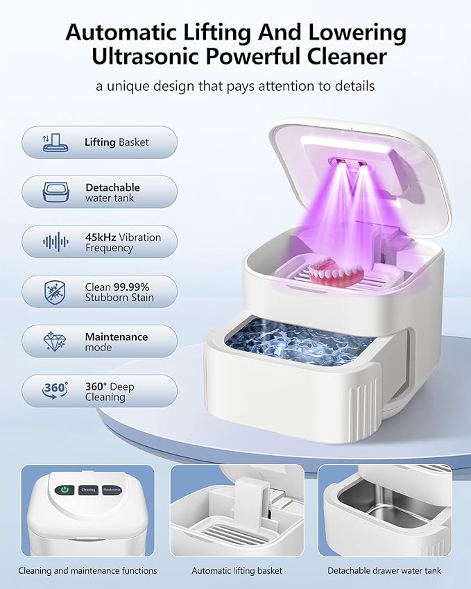Ultrasonic Retainer Cleaner Machine 45kHz Dental Ultrasonic Retainer Cleaner for Dentures & Mouth Guard Cleaning for Whitening Trays, Toothbrush Heads, Diamond, Jewelry