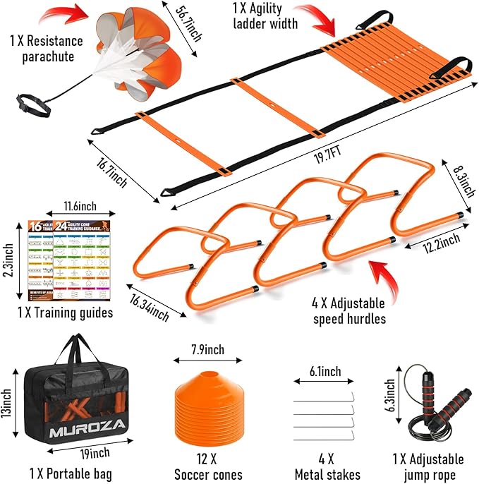 Agility Ladder, Speed Training Equipment Set, 20ft Agility Ladder, 12 Soccer Cones, 4 Hurdles, Jump Rope, Running Parachute, Basketball Football Soccer Training Equipment for Kids, Youth, Adults-StrideForce Fitness