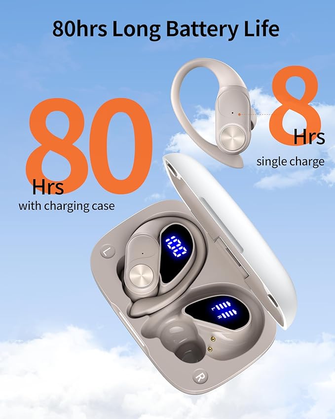 PocBuds Bluetooth Headphones Wireless Earbuds 80hrs Playtime Wireless Charging Case Digital Display Sport Ear Buds with Earhook Deep Bass IPX7 Waterproof Over-Ear Earphones for Phone Laptop Beige-StrideForce Fitness