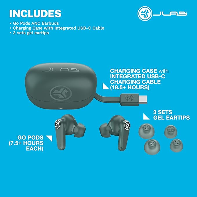 JLab Go Pods ANC True Wireless Bluetooth Earbuds & Charging Case, Hybrid Active Noise canceling + Be Aware for Safe Listening, 26+ Hours Total Playtime, Clear Calls, Custom Sound via App, Sage-StrideForce Fitness