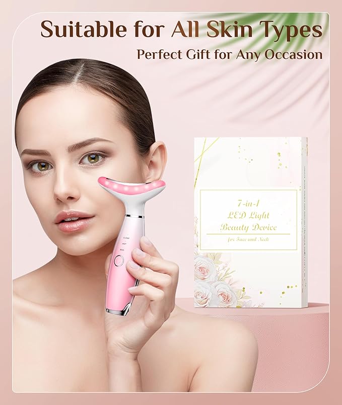 7 Color Galvanic Machines - Red Light Therapy for Face and Neck, Face Massager Tool for Wrinkles, Double Chin, Vibrating Facial Massager with Thermals, Pink-StrideForce Fitness