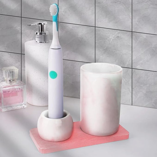 Ceramic Toothbrush Holder & Toothbrush Cup with Diatomite Tray for Bathroom, Bathroom Tumbler Cups Reusable Toothbrush Mouthwash Cup, Shower Counter Storage Organizer (Pink)