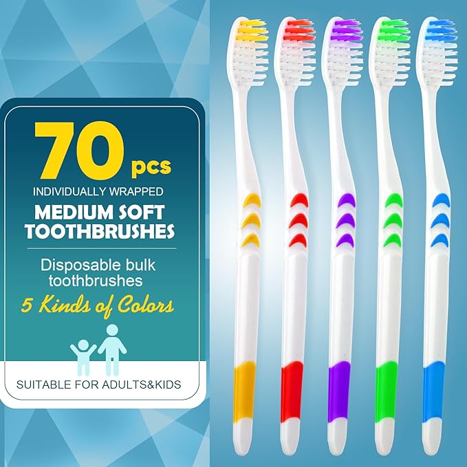 Navona 70 PCS Premium Individually Wrapped Bulk Toothbrush Pack, Disposable Toothbrushes, Kids Toothbrush, Medium Soft Bristle Toothbrushes, Ergonomics Handle, Perfect for Travel Hotel Donation