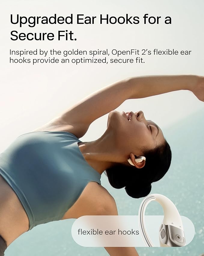 SHOKZ New OpenFit 2 Open-Ear Headphones, True Wireless Bluetooth Earphones with Microphone, Earhook Earbuds with 48 Hours of Playtime, Fast Charging, IP55 Water-Resistant, with Carrying Bag, Beige-StrideForce Fitness