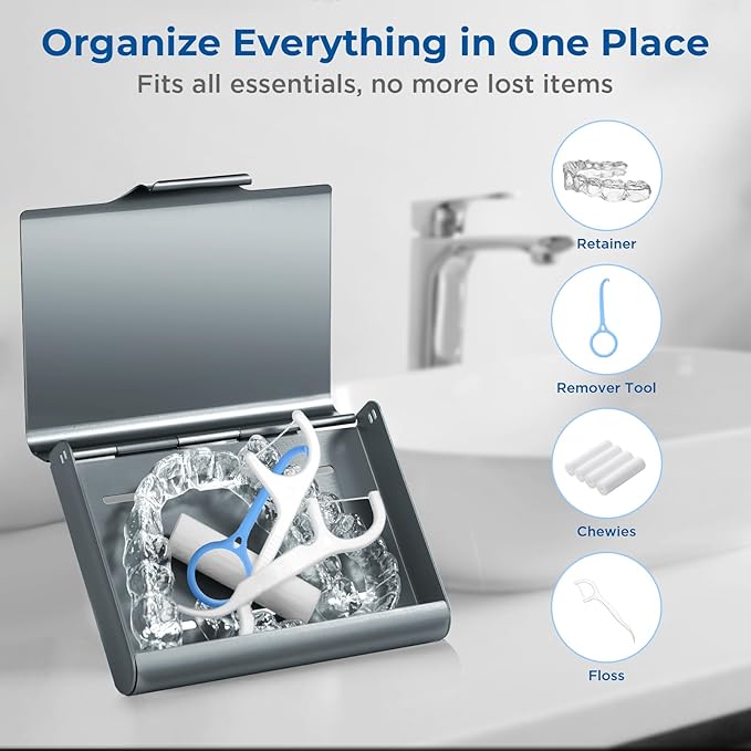 Aluminum Retainer Case for Invisalign Aligners, Partial Mouth Guard Case Denture Retainer Container Case Holder with Vent Holes, Slim Orthodontic Aligner Case for Traveling-1 Pack Gray Blue