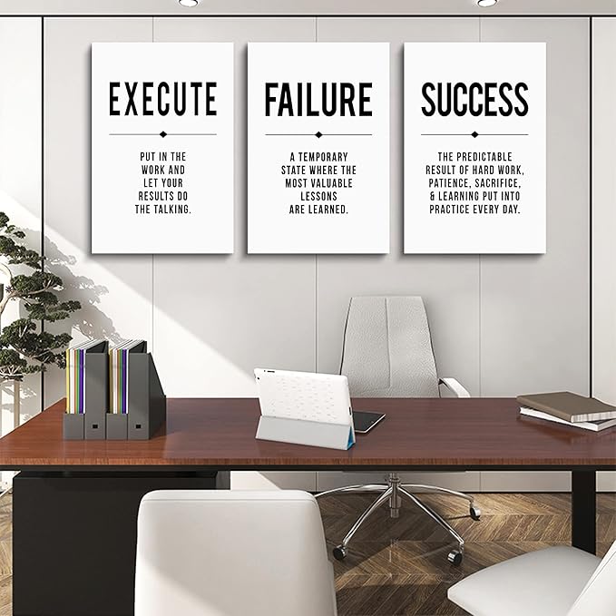 Framed Canvas Wall Art Success Quote, Office Wall Art, Black Large Poster, Positive Motivational Set of 3 Prints, Execute Failure Definition, Inspirational Print (D-3pcs,20x30inchx3pcs)-StrideForce Fitness
