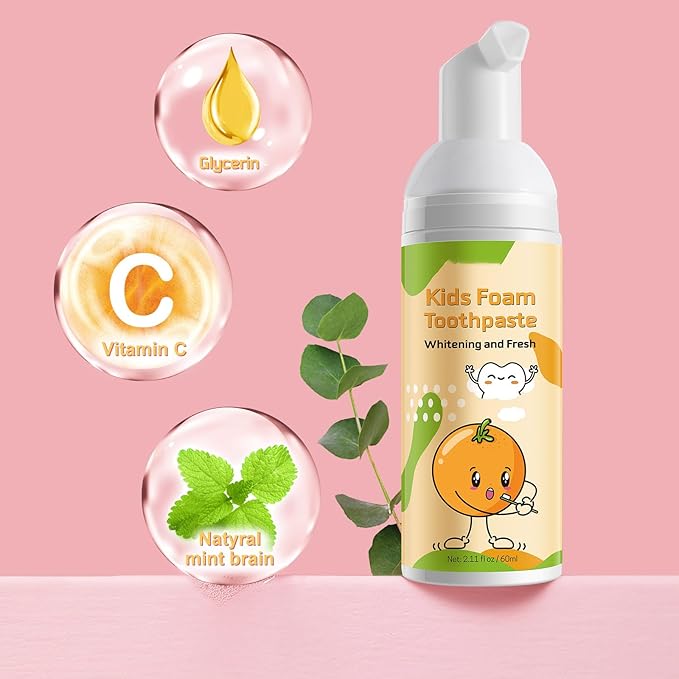 Foam Toothpaste Kids 2PCS, Toddler Toothpaste Cavity Protection, Clean and Whitening, 360ºCare, Portable, Kids Foam Toothpaste with Fluoride for Electric & U-Shape Toothbrushes (Orange)