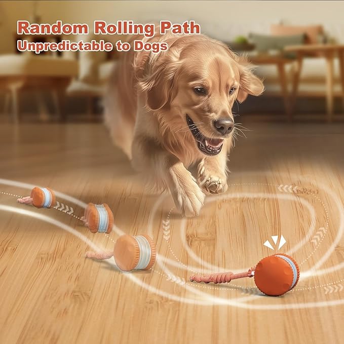 Interactive Dog Toys, Random Path Electric Automatic Moving and Rolling Dogs Toy with Rope for Small Medium Large Dogs, Motion-Activated Dog Stimulation Toy for Boredom Relief (Orange)-StrideForce Fitness
