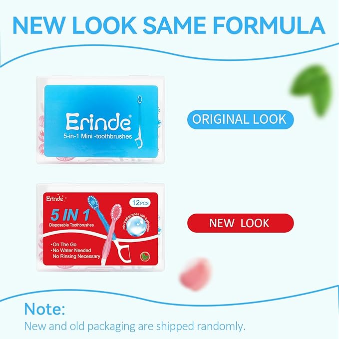 Erinde 5 in 1 Mini Disposable Toothbrushes with Toothpaste + Tongue Scraper + Picks + Floss Travel Case, Prepasted Travel Toothbrushes Pick for Work or Travel, Soft Brushes, 12 Count (Sakura Flavors)