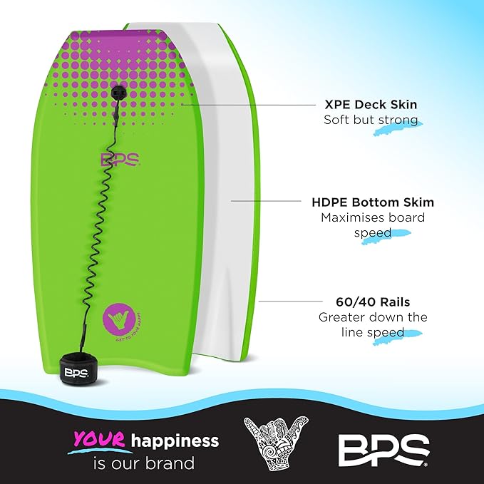 BPS New Zealand ‘Shaka’ Body Board for All Wave Conditions - Lightweight with EPS Core, HDPE Slick Bottom, Body Boards for Beach with Wrist Leash and Plug for Kids and Adults - All Skill Levels-StrideForce Fitness