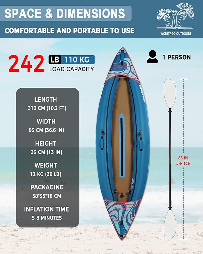 Inflatable Kayak, Portable Ripstop Oxford Cloth Recreational Touring Kayak with Fiberglass Kayak Paddle, Hand Pump and Carrying Bag, 1/2 Person-StrideForce Fitness