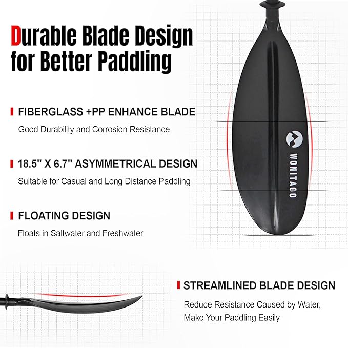 Kayak Paddle with Aluminum Shaft and Reinforced PP Blade, Floating Kayak Oar for Kayaking Canoeing and Boating, 220 cm/86 inches - 230 cm/90 inches-StrideForce Fitness