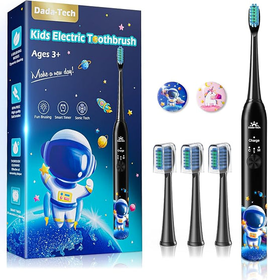 Kids Electric Toothbrush Rechargeable Age 3-5-6-12-18 Year Old, Sonic Toothbrush Kids with Timer 3 Modes 4 Vibrating Heads Habit Stickers Tooth Brush for Girls Boys and Childrens (Astronaut Black)