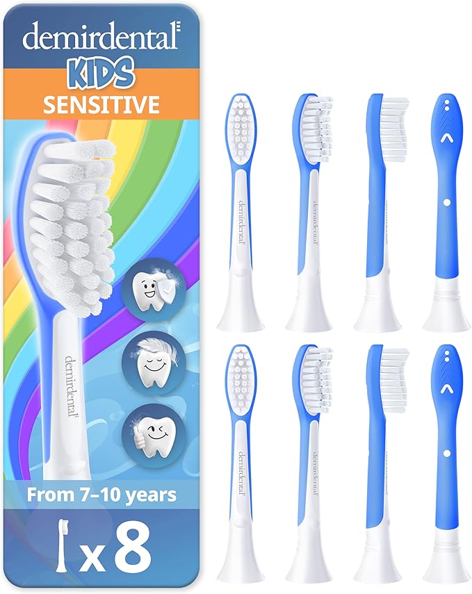 demirdental Kids Toothbrush Heads Compatible with Philips Sonicare Kids Toothbrush Heads - Replacement Heads Sensitive - Brush Heads from Ages 7 to 10 - Dark Blue - Replaces HX6048-8 Pack